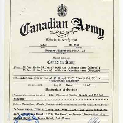 1963 Canadian Army Service Certificate "NB 2857 Major Margaret Elizabeth Dewar, C.D."
