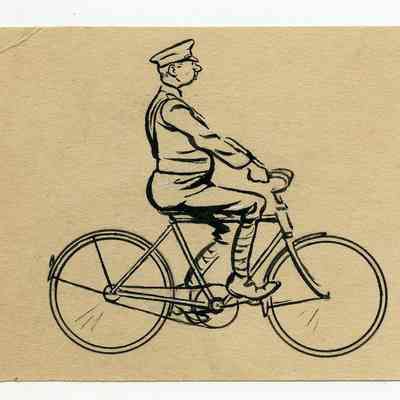 Winslow Mortimer pen/ink cartoon entitled "Private Riding Bicycle."