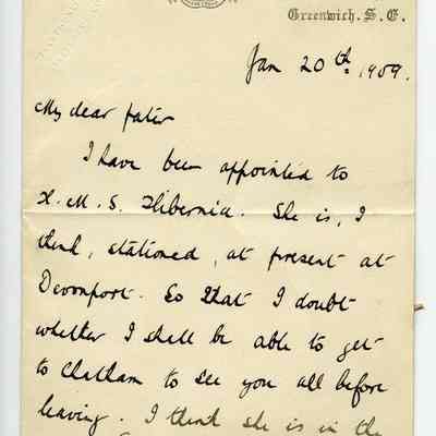 Letter “William Wales Edward RN College Greenwich 20 Jan 1909”