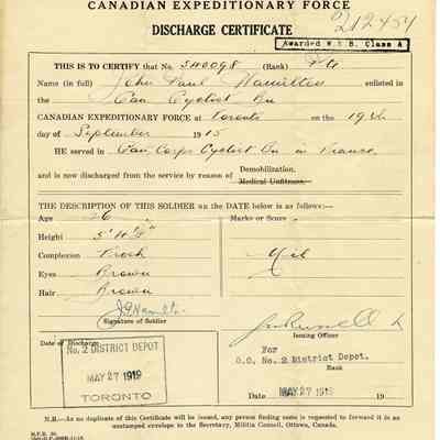 1919 Canadian Expeditionary Force Discharge Certificate.