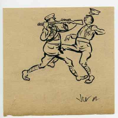 Winslow Mortimer pen/ink cartoon entitled "Rifle Drill: The Buttstroke."