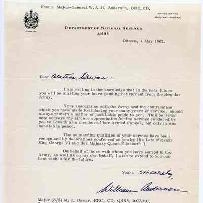 Letter "Major-General W.A.B. Anderson, O.B.E., C.D., to Major (N/S) M.E. Dewar, R.R.C., C.D., May 1962."