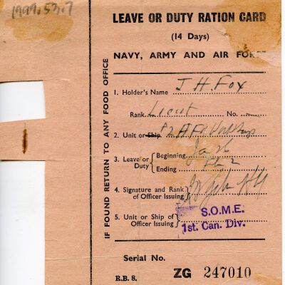 1940 British Military Ration Card.