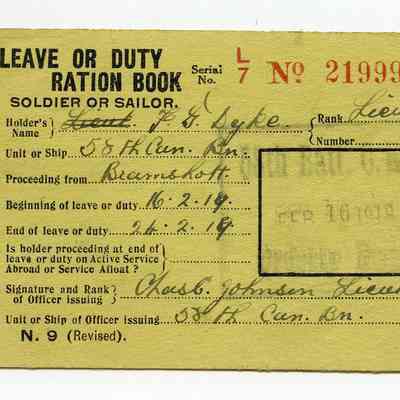 1919 Canadian Expeditionary Force leave or duty ration book.