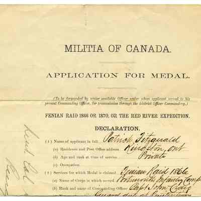 1898 Canada Militia Medal Application Certificate "Private Patrick Fitzgerald, Portsmouth Infantry Company, Frontenac, Ontario."