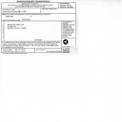 Spartan 12 Aircraft Registration Card