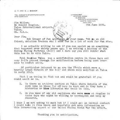 B-17 Letter Bishop to J Miller June 1976