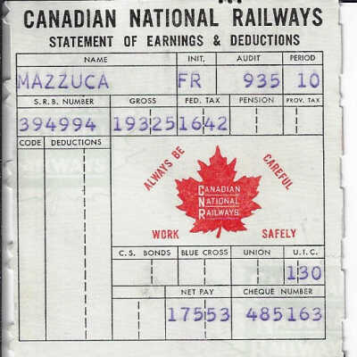 Canadian National Statement of Earnings and Deductions belonging to Frank Mazzuca