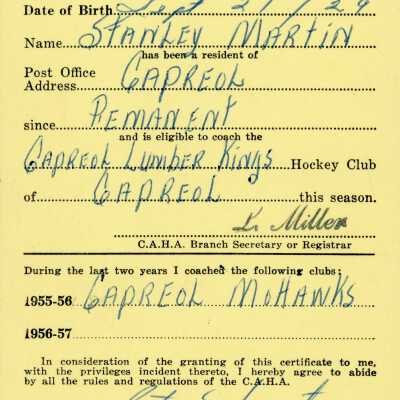 Hockey Player's Registration Certificate belonging to Stanley Martin