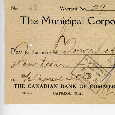 Cheque Written to the Municipal Corporation of the Town of Capreol, 1936 of Capreol Tel Co.