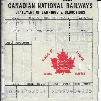 Canadian National Statement of Earnings and Deductions belonging to Frank Mazzuca