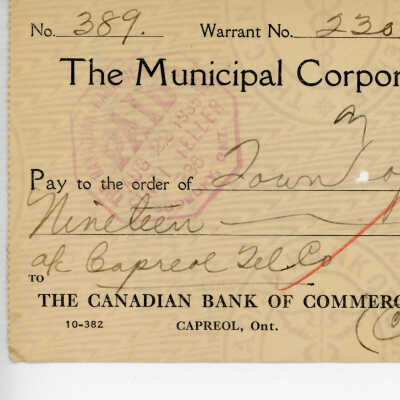 Cheque written to the Municipal Corporation of the Town of Capreol, 1935: from Capreol Tel Co.