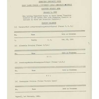 Document, Seniority List, Canadian National Railway, Northern Ontario Division.