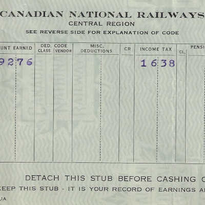 Canadian National Statement of Earnings and Deductions belonging to Frank Mazzuca
