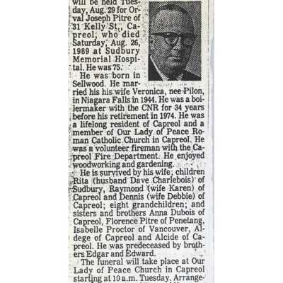 Document, Obituary, Orval Pitre.