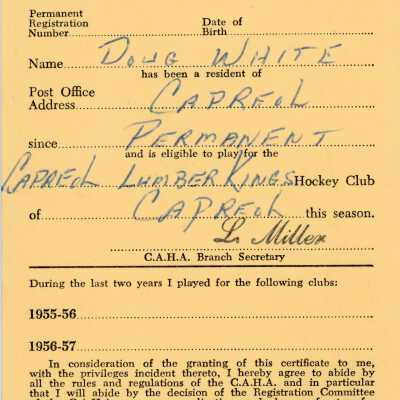Hockey Player's Registration Certificate belonging to Doug White