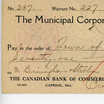 Cheque written to the Municipal Corporation of the Town of Capreol, 1935: from Birmingham Stecleyn(?)