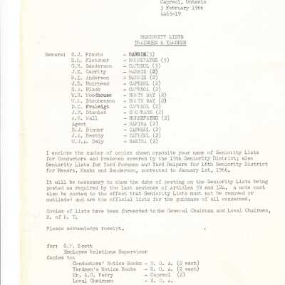 Document, Seniority List, Canadian National Railway, Northern Ontario Division.