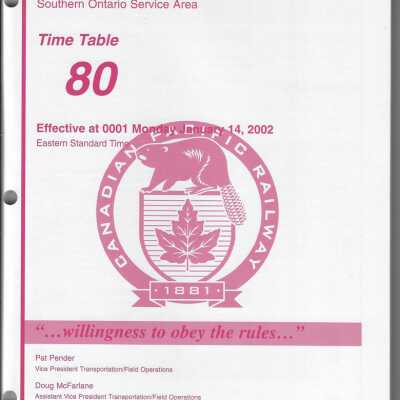 CP Rail Southern Ontario Service Area Timetable 80