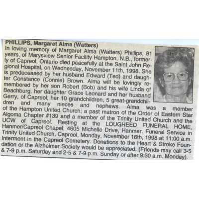 Document, Obituary, Margaret Alma Phillips.