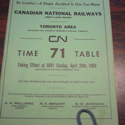 CN Great Lakes Region Toronto Area Employees' Operating Timetable 71. April 28th 1968