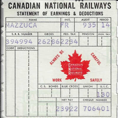Canadian National Statement of Earnings and Deductions belonging to Frank Mazzuca