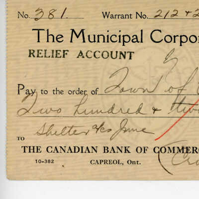 Cheque written to the Municipal Corporation of the Town of Capreol, 1935: from Shelter for June