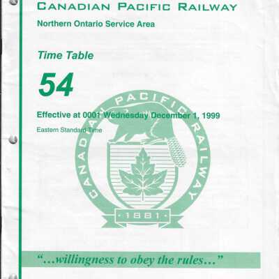CP Rail Northern Ontario Service Area Timetable 54