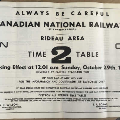Canadian National Railways, St. Lawrence Region, Rideau Area, CN, Timetable 2, 1961