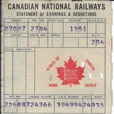 Canadian National Statement of Earnings and Deductions belonging to Frank Mazzuca