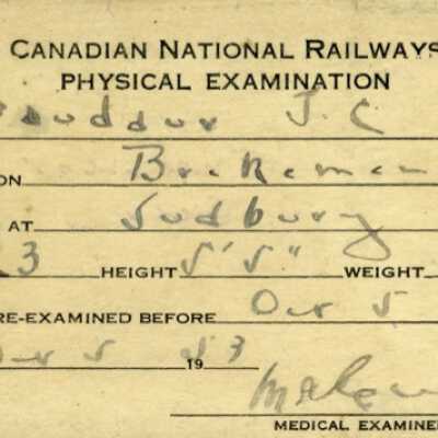 Canadian National: Physical Examination Card, Vision, Colour Sense, and Hearing Record, J. C. Gaudaur, 1953