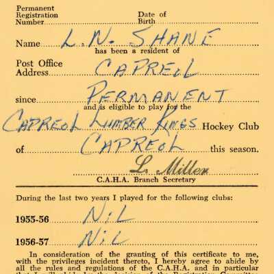 Hockey Player's Registration Certificate belonging to L. N. Shane