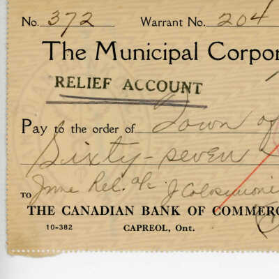 Cheque written to the Municipal Corporation of the Town of Capreol, 1935: from June Rel. of J. Colriuoni