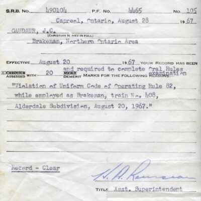 Canadian National: Rules Violation Demerit Notice, J. C. Gaudaur, 1967