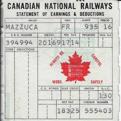 Statement of Earnings and Deductions belonging to Frank Mazzuca