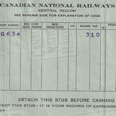 Canadian National Statement of Earnings and Deductions belonging to Frank Mazzuca
