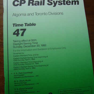 CP Rail System Algoma and Toronto Divisions Time Table 47