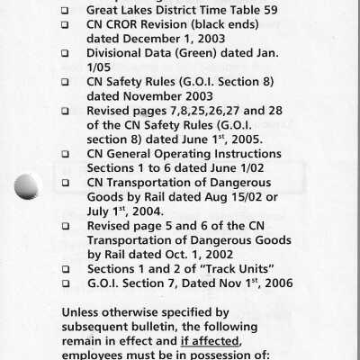 Canadian National Eastern Division: Great lakes Re-issue of the Operating Bulletins for the month of December 2006
