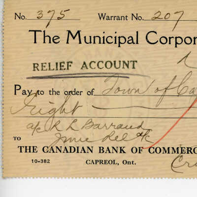 Cheque written to the Municipal Corporation of the Town of Capreol, 1935: from R. L. Barraud June Rel