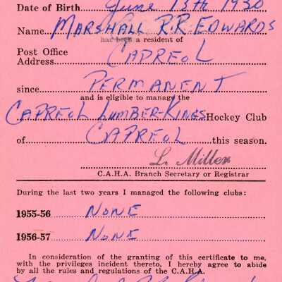Hockey Player's Registration Certificate belonging to Marshall R. R. Edwards