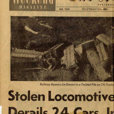 Newspaper Article - Stolen Locomotive Rams Into Freight Derail 24 Cars Injures Three Crew
