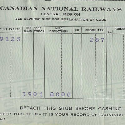 Canadian National Statement of Earnings and Deductions belonging to Frank Mazzuca