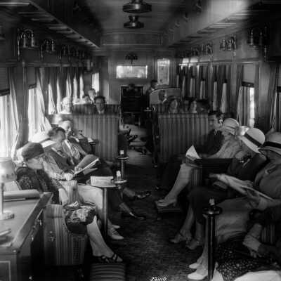 Photograph, Canadian National Railways (CNR) new lounge car - people sitting inside.