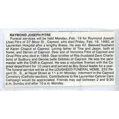 Document, Obituary, Joseph Pitre Raymond.