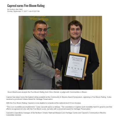 "Capreol earns Five Blooms Rating" on TheSudburyStar.ca, Sunday, September 17, 2017