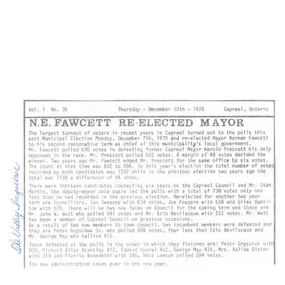 Article, N.E. Fawcett Re-Elected Mayor, December 10th 1970, The Valley Inquirer Vol. 1 No. 35