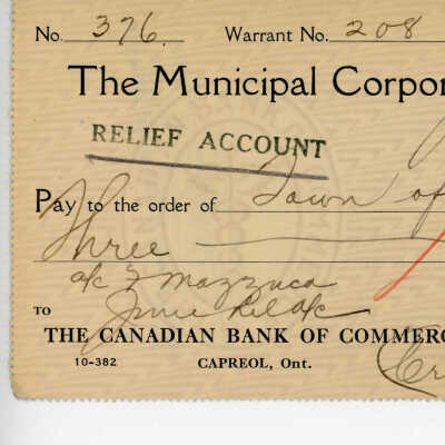 Cheque written to the Municipal Corporation of the Town of Capreol, 1935: from F. Mazzuca