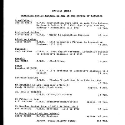 Railway Years Immediate Family Members of Amy Amiro in the Employ of Railways