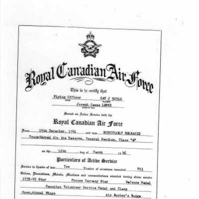 Certificate, Joseph James Lepki, Flying Officer Royal Canadian Air force transfer to Reserve, General Section Class "E", 1946