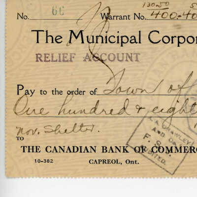 Cheque Written to the Municipal Corporation of the Town of Capreol, 1936 of Nov. Shelter.